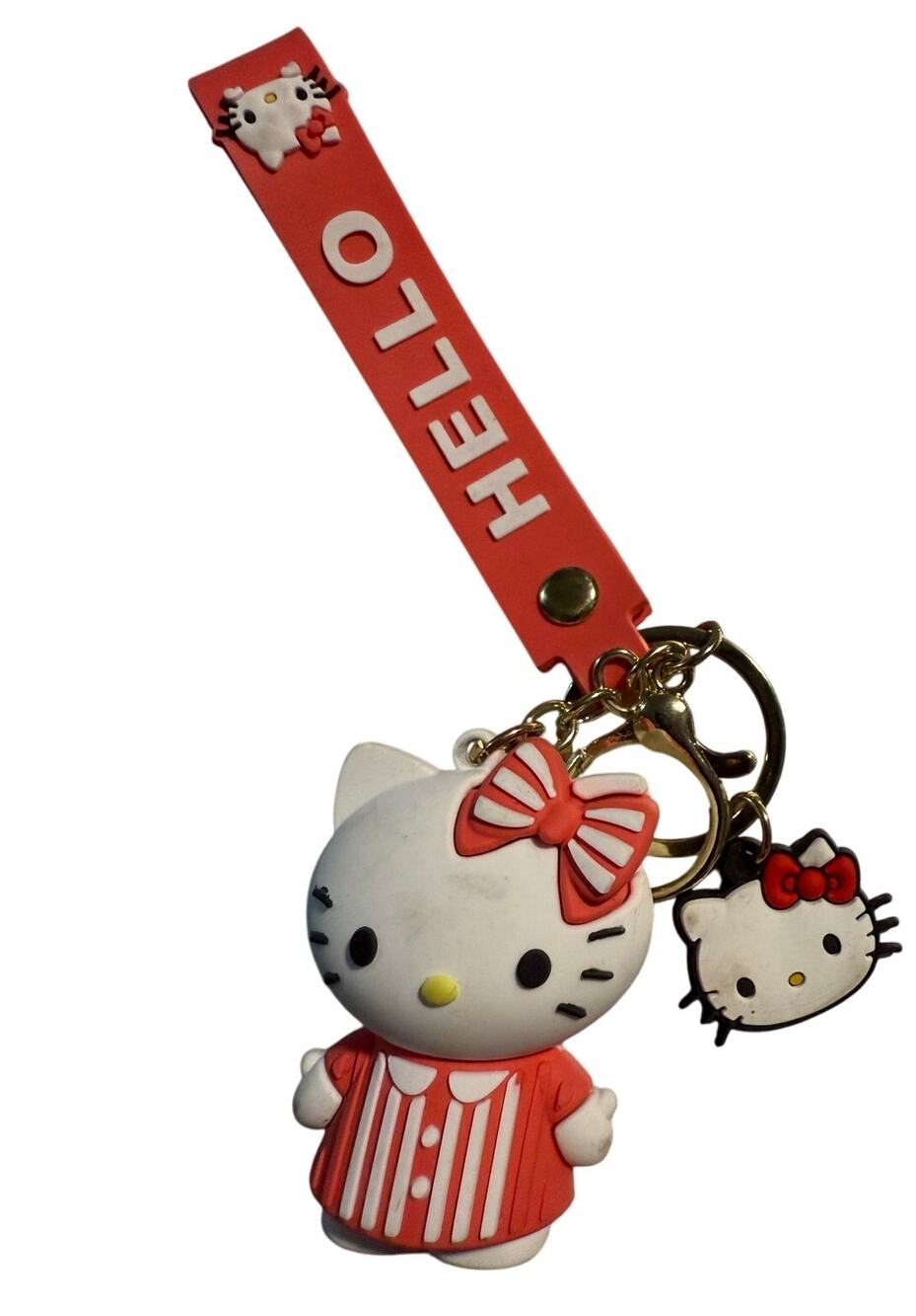 Hello Kitty Silicone Keychain With Charm & Wrist Strap, Kawaii, Pink Bow & Dress